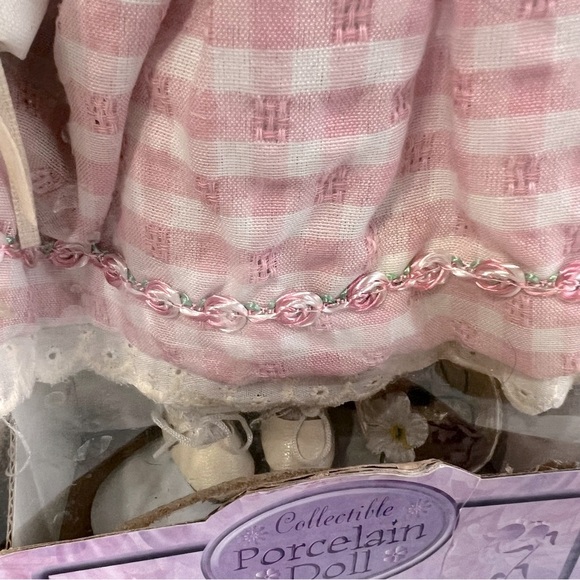 Collectible Porcelain Doll with Brown Curl Hair Pink Dress Straw Hat with Stand - Picture 6 of 13